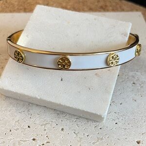 Tory Burch Elegant Gold and White Bangle Bracelet